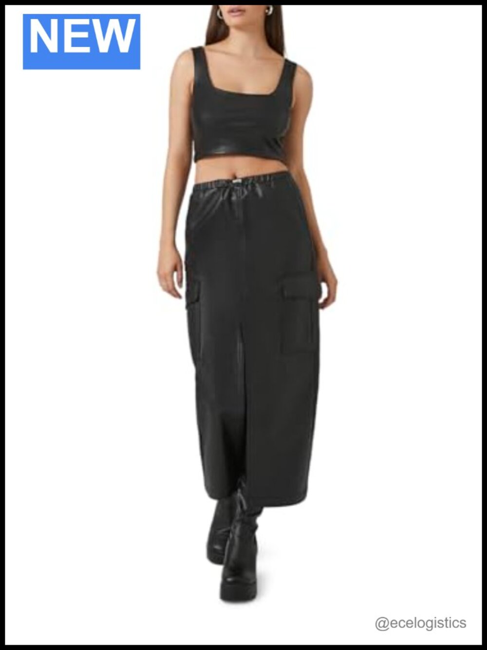 Faux Leather High Rise Maxi Slit Skirt Adjustable Toggle Drawstring Waist